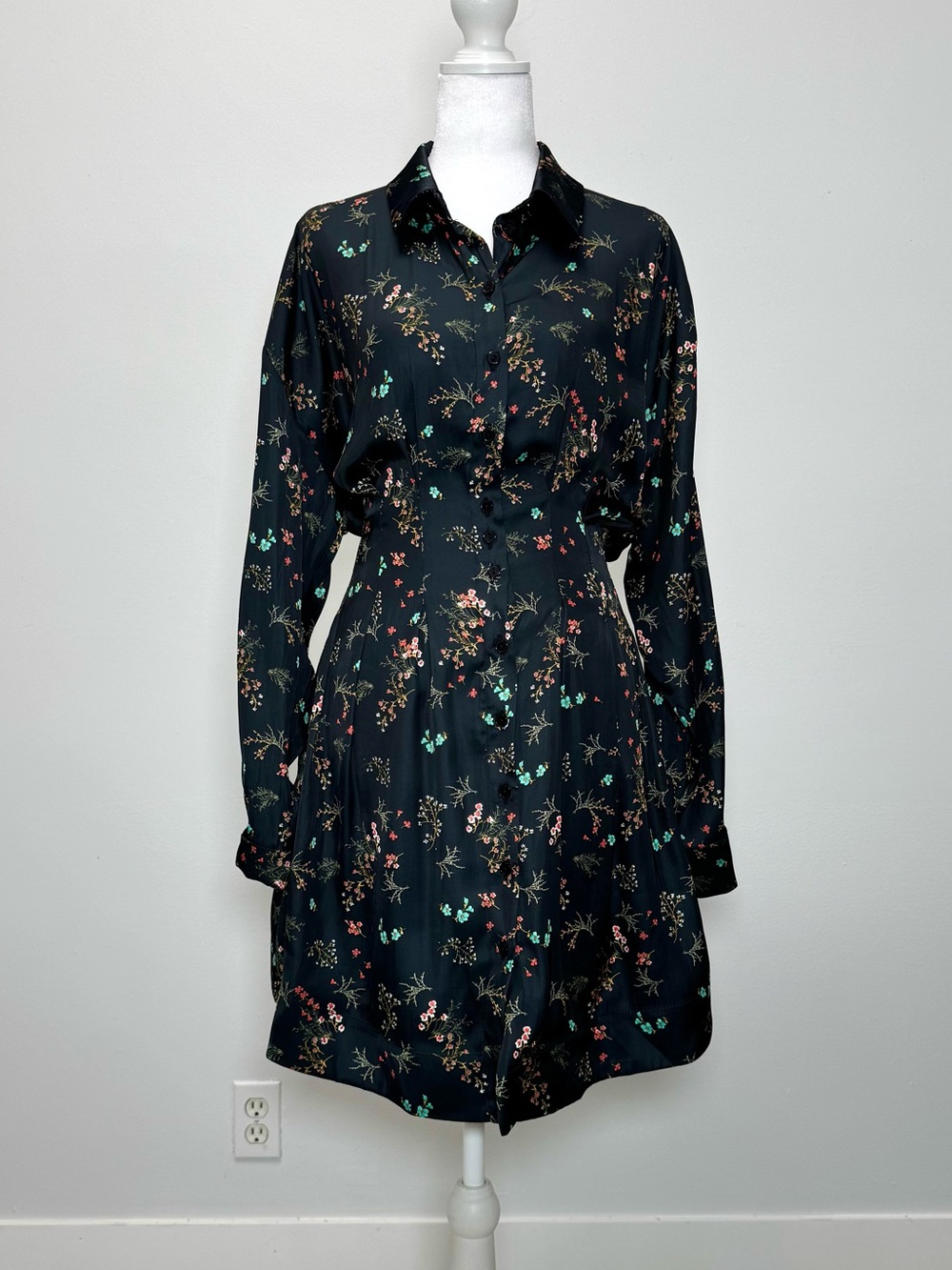Anthropologie Romantic Tobie Black Satin Floral Mini Shirt Dress NWT M Femme - Picture 6 of 11